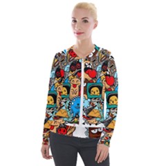 Abstract Grunge Urban Pattern With Monster Character Super Drawing Graffiti Style Velour Zip Up Jacket by Nexatart