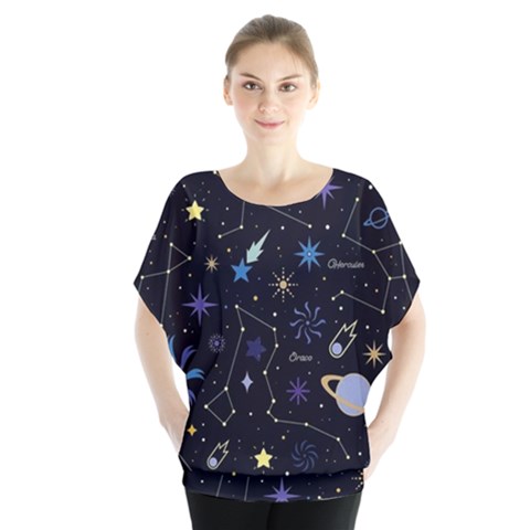 Starry Night  Space Constellations  Stars  Galaxy  Universe Graphic  Illustration Batwing Chiffon Blouse by Nexatart