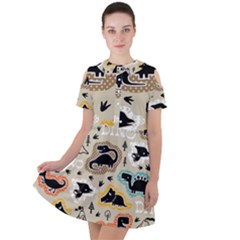 Seamless Pattern With Dinosaurs Silhouette Short Sleeve Shoulder Cut Out Dress  by Vaneshart