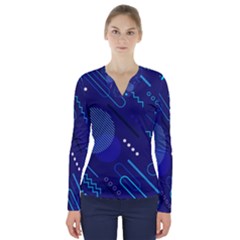 Classic Blue Background Abstract Style V-neck Long Sleeve Top by Vaneshart