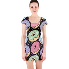 Colorful Donut Seamless Pattern On Black Vector Short Sleeve Bodycon Dress by Sobalvarro