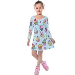 Cupcake Doodle Pattern Kids  Long Sleeve Velvet Dress by Sobalvarro