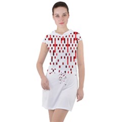 Red And White Matrix Patterned Design Drawstring Hooded Dress by dflcprintsclothing