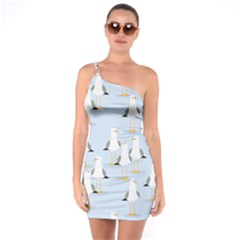 Cute Seagulls Seamless Pattern Light Blue Background One Soulder Bodycon Dress by Wegoenart