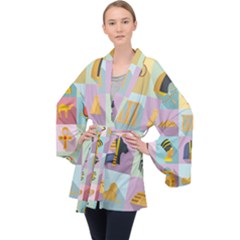 Egypt Icons Set Flat Style Long Sleeve Velvet Kimono  by Wegoenart