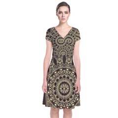 Hamsa Hand Drawn Symbol With Flower Decorative Pattern Short Sleeve Front Wrap Dress by Wegoenart