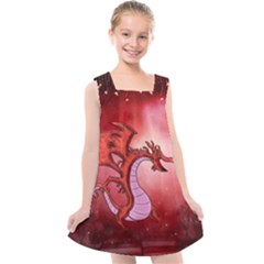 Funny Cartoon Dragon With Butterflies Kids  Cross Back Dress by FantasyWorld7