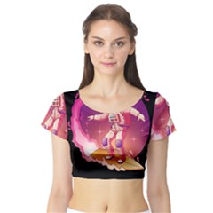 Astronaut Spacesuit Standing Surfboard Surfing Milky Way Stars Short Sleeve Crop Top by Vaneshart