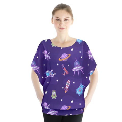 Space Seamless Pattern Batwing Chiffon Blouse by Vaneshart