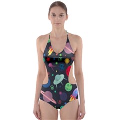 Cosmos Ufo Concept Seamless Pattern Cut-out One Piece Swimsuit by Vaneshart