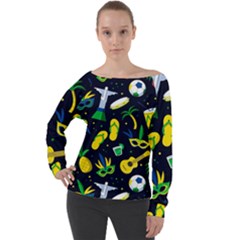 Seamless Brazilian Carnival Pattern With Musical Instruments Off Shoulder Long Sleeve Velour Top by Vaneshart