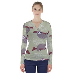 Sloths Pattern Design V-neck Long Sleeve Top by Vaneshart