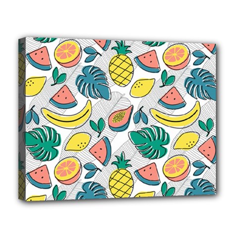 Seamless Pattern Tropical Fruit Banana Watermelon Papaya Lemon Orange Monstera Canvas 14  X 11  (stretched) by Vaneshart