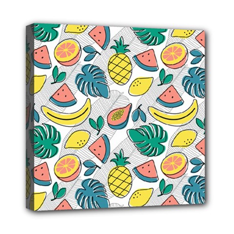 Seamless Pattern Tropical Fruit Banana Watermelon Papaya Lemon Orange Monstera Mini Canvas 8  X 8  (stretched) by Vaneshart