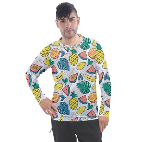 Seamless Pattern Tropical Fruit Banana Watermelon Papaya Lemon Orange Monstera Men s Pique Long Sleeve Tee by Vaneshart