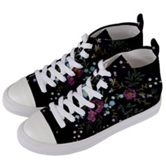 Embroidery Trend Floral Pattern Small Branches Herb Rose Women s Mid-top Canvas Sneakers by Vaneshart