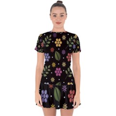 Embroidery Seamless Pattern With Flowers Drop Hem Mini Chiffon Dress by Vaneshart