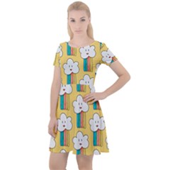 Smile Cloud Rainbow Pattern Yellow Cap Sleeve Velour Dress  by Vaneshart