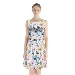 Watercolor Floral Seamless Pattern Sleeveless Waist Tie Chiffon Dress by TastefulDesigns