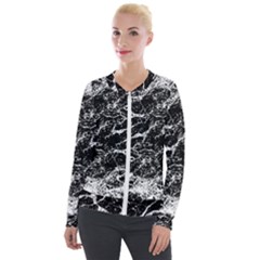 Black And White Abstract Textured Print Velour Zip Up Jacket by dflcprintsclothing