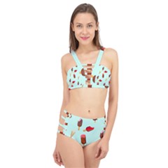 Ice Cream Pattern, Light Blue Background Cage Up Bikini Set by Casemiro