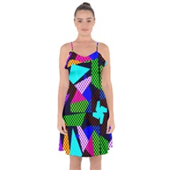 Trippy Blocks, Dotted Geometric Pattern Ruffle Detail Chiffon Dress by Casemiro