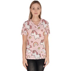 Cute Unicorn Rainbow Seamless Pattern Background Women s V-neck Scrub Top by Vaneshart