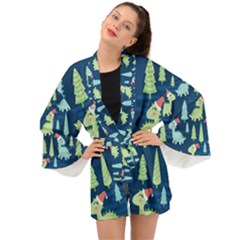 Cute-dinosaurs-animal-seamless-pattern-doodle-dino-winter-theme Long Sleeve Kimono by Vaneshart