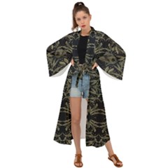 Stylized Golden Ornate Nature Motif Print Maxi Kimono by dflcprintsclothing