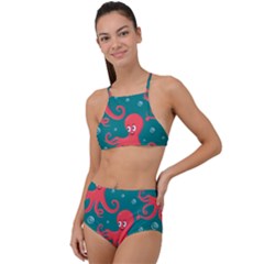 Cute Smiling Red Octopus Swimming Underwater High Waist Tankini Set by BangZart