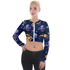 Marine Seamless Pattern Thin Line Memphis Style Long Sleeve Cropped Velvet Jacket by BangZart