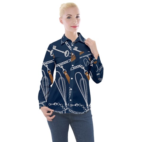 Chains Seamless Pattern Women s Long Sleeve Pocket Shirt by BangZart