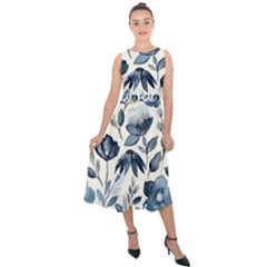 Indigo Watercolor Floral Seamless Pattern Midi Tie-back Chiffon Dress by BangZart