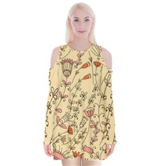 Seamless Pattern With Different Flowers Velvet Long Sleeve Shoulder Cutout Dress by BangZart