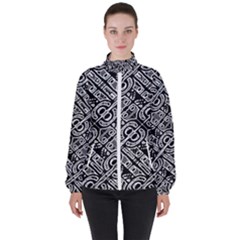 Linear Black And White Ethnic Print Women s High Neck Windbreaker by dflcprintsclothing