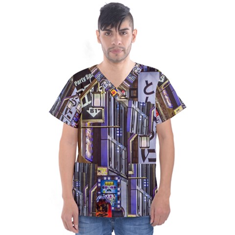 Shinjuku District Urban Night Scene, Tokyo Japan Men s V-neck Scrub Top by dflcprintsclothing