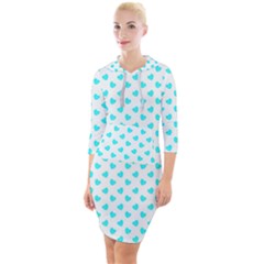 White Light Blue Hearts Pattern, Pastel Sky Blue Color Quarter Sleeve Hood Bodycon Dress by Casemiro