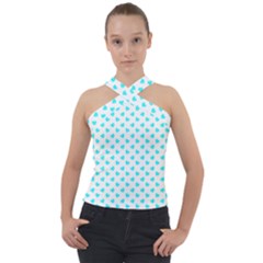 White Light Blue Hearts Pattern, Pastel Sky Blue Color Cross Neck Velour Top by Casemiro