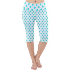 White Light Blue Hearts Pattern, Pastel Sky Blue Color Lightweight Velour Cropped Yoga Leggings by Casemiro