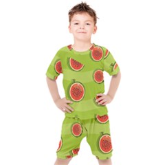 Seamless Background With Watermelon Slices Kids  Tee And Shorts Set by BangZart