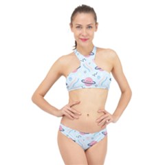 Cute Planet Space Seamless Pattern Background High Neck Bikini Set by BangZart