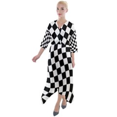 Weaving Racing Flag, Black And White Chess Pattern Quarter Sleeve Wrap Front Maxi Dress by Casemiro