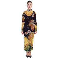 Embroidery Blossoming Lemons Butterfly Seamless Pattern Turtleneck Maxi Dress by BangZart