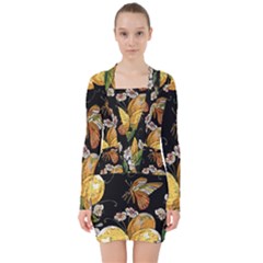 Embroidery Blossoming Lemons Butterfly Seamless Pattern V-neck Bodycon Long Sleeve Dress by BangZart