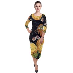 Embroidery Blossoming Lemons Butterfly Seamless Pattern Quarter Sleeve Midi Velour Bodycon Dress by BangZart