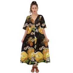 Embroidery Blossoming Lemons Butterfly Seamless Pattern Kimono Sleeve Boho Dress by BangZart