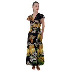 Embroidery Blossoming Lemons Butterfly Seamless Pattern Flutter Sleeve Maxi Dress by BangZart