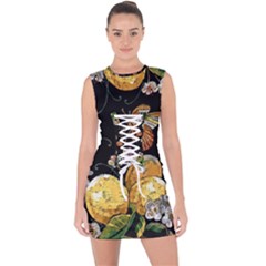 Embroidery Blossoming Lemons Butterfly Seamless Pattern Lace Up Front Bodycon Dress by BangZart