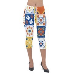 Mexican Talavera Pattern Ceramic Tiles With Flower Leaves Bird Ornaments Traditional Majolica Style Lightweight Velour Capri Leggings  by BangZart