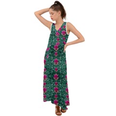 Flowers Love And Silver Metal Hearts Is Wonderful As Sunsets V-neck Chiffon Maxi Dress by pepitasart